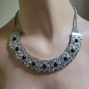 Silver Tone & Black Filigree Bib Statement Necklace Adjustable‎ Goth